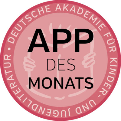 Rundes rotes Siegel mit Schriftaufzug "App des Monats"